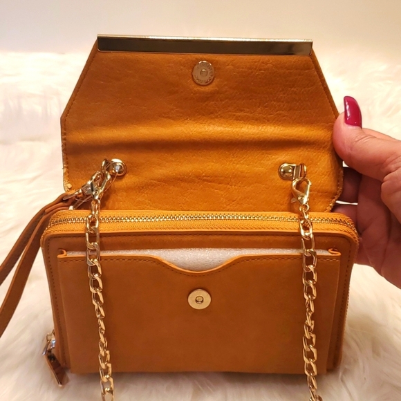 Madison West Crossbody Clutch Wristlet Handbag. Faux Leather Gold Chain Mustard - Picture 2 of 6